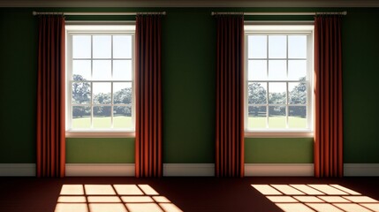 Sunlit Vintage Bedroom with Mint Walls Claret Drapes Garden View