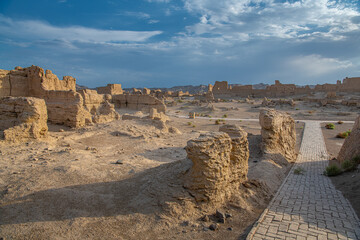 The pass way through the ancient walls of ruined city of Jiaohe, Silk road, China. Xinjiang