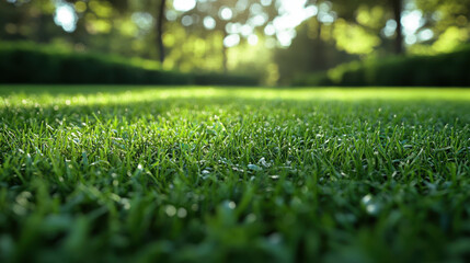 Naklejka premium Lush green grassland with dew drops glistening in sunlight, creating serene and refreshing atmosphere. Perfect for outdoor activities and relaxation