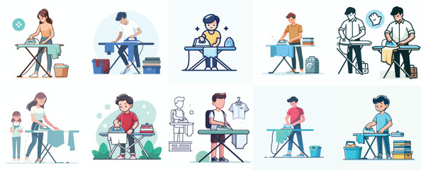 Vector set of a teenager ironing clothes with a simple flat design style