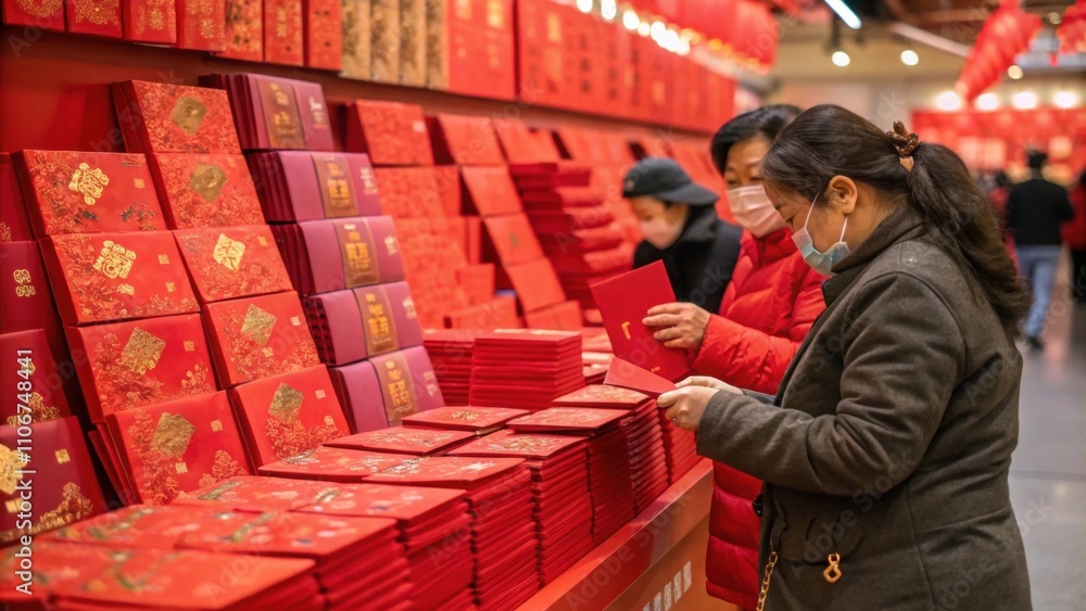Poster row upon row of red envelopes a dedicated stall filled with red envelopes each intricately designed 