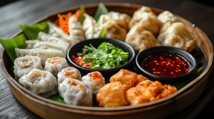 A tempting platter of assorted dim sum delicacies, including steamed dumplings, crispy spring rolls