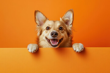 Happy dog peeking over orange sign, showcasing its playful nature. This adorable pet exudes joy and curiosity, making it delightful subject for any pet lover