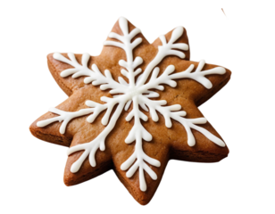 Star-Shaped Christmas Cookie with White Icing Snowflake Design on Transparent Background, Festive Holiday Treats. 