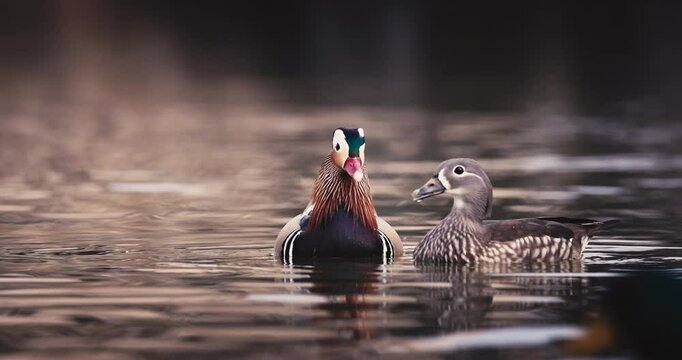 Ducks family in a lake, little ducklings, mandarin duck floating in a water