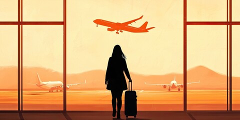 A silhouetted traveler stands in an airport, gazing at an airplane taking off against a vibrant orange sunset.