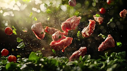 beaf and lamb meat chucks, are about to fly off the screen, in a natural garden, scene is filled with peaceful sense, soft natural light, bright background,