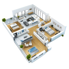 A three dimensional model showcasing a modern two bedroom apartment with an open plan living area and private outdoor space.