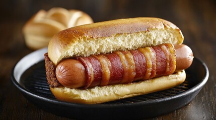 Gourmet Bacon Wrapped Hot Dog on Grill Close up