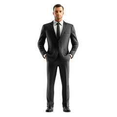 A digitally rendered image of a man in a dark suit standing with his hands in his pockets against a green background.