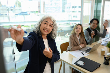 Mature businesswoman presenting marketing strategies on the whiteboard in conference room