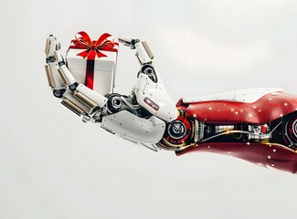 Naklejka premium A robotic hand, detailed and gleaming, presents a gift box with a vibrant red ribbon. A futuristic image of technology and festive cheer.