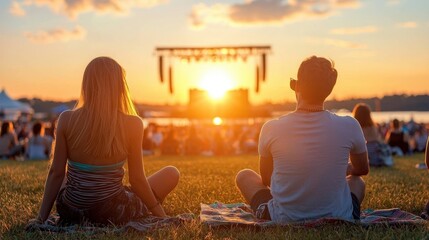 Couple Enjoying Sunset Concert Outdoor Summer Event
