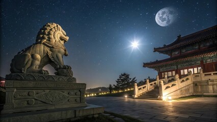 Naklejka premium Timeless Beauty Underneath a vast canopy of stars the guardian lion statue radiates an otherworldly light. The moons beams cascade over the statue illuminating its boldly carved