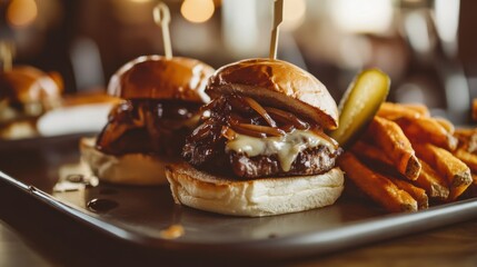 A tempting platter of beef sliders topped with caramelized onions, Swiss cheese, and aioli