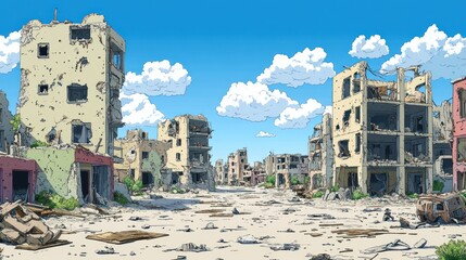 A bleak cityscape with crumbling buildings, barren nature and a clear blue sky filled with fluffy white clouds.