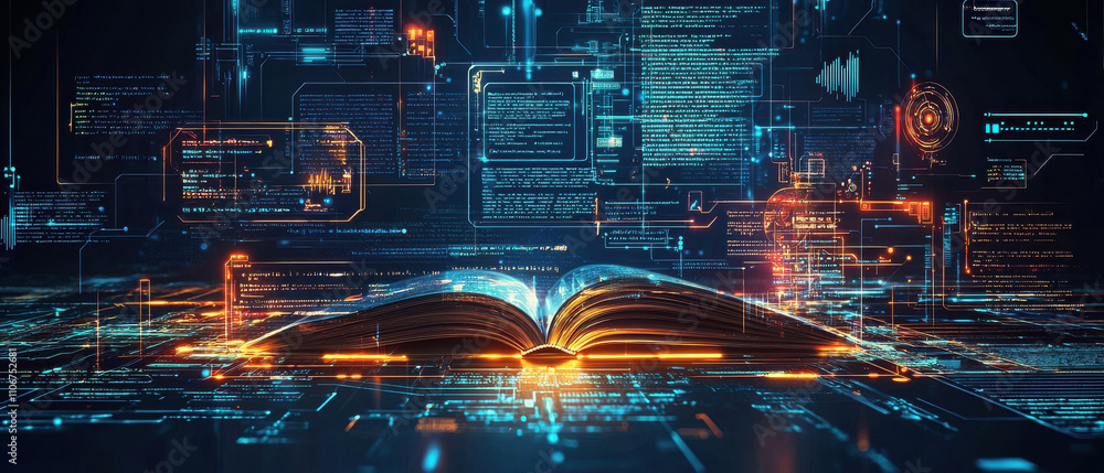 Poster glowing open book surrounded by digital data and technology elements symbolizes fusion of education 