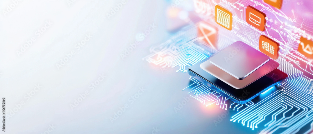 Poster futuristic technology concept featuring microchip on circuit board with digital icons. this represen