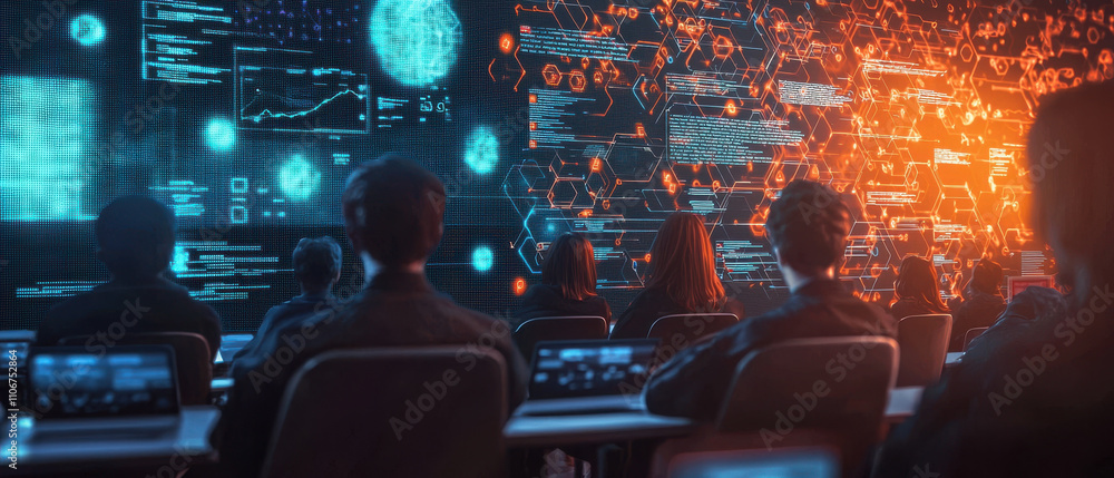 Poster futuristic online education scene with students engaged in learning, surrounded by digital displays 