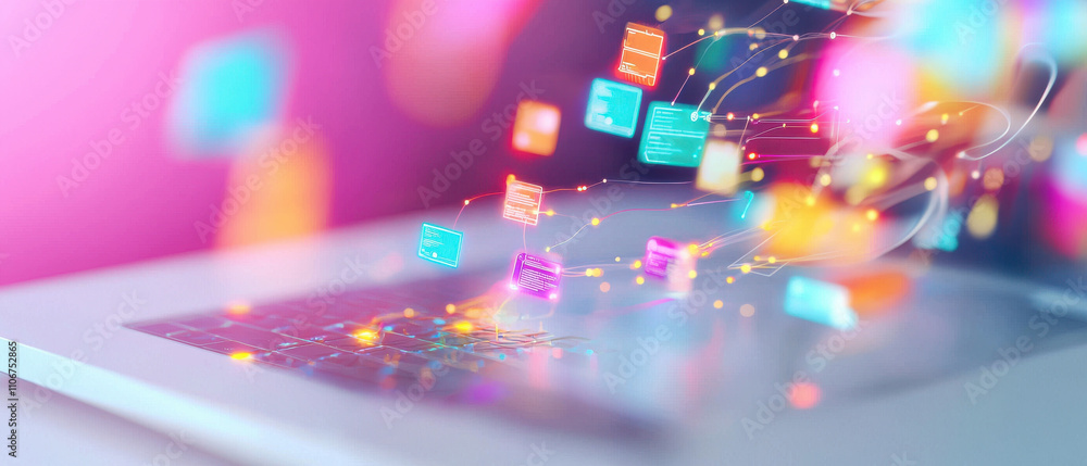 Poster futuristic online education setup with vibrant digital elements and laptop. this captures essence of