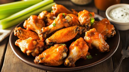 A tempting platter of buffalo wings tossed in spicy sauce, served with celery sticks and blue cheese dressing, Wing platter centered