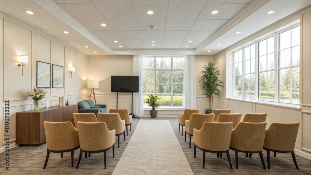 Poster a wellorganized space featuring a large window allowing natural light to illuminate hosts as they co