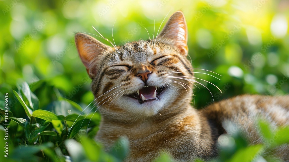 Poster cat with a playful or content expression, showing a smiling demeanor