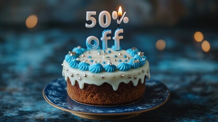 50 Off Birthday Cake With A Lit Candle And Blue And White Frosting On A Blue Background