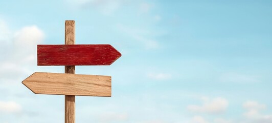 A weathered wooden signpost with one red arrow and one beige arrow points in different directions against a clear blue sky.