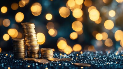 Stacks of Gold Coins with Bokeh Lights in Background Focused