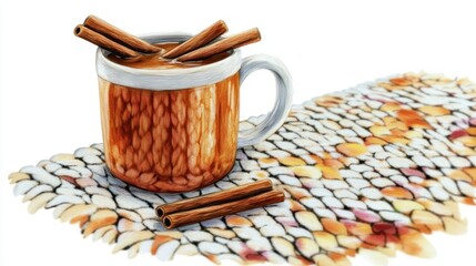 A warm beverage in a textured mug, garnished with cinnamon sticks on a woven mat.