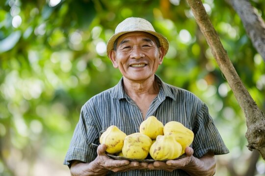 Celebrating National Cashew Day with a Smiling Farmer in a Sunlit Orchard, Embracing Earthy Colors for Harvest Festivals and Thanksgiving - Powered by Adobe