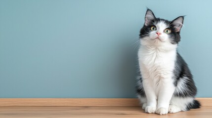 Cute Black and White Kitten Sitting on Wooden Floor Studio Shot
