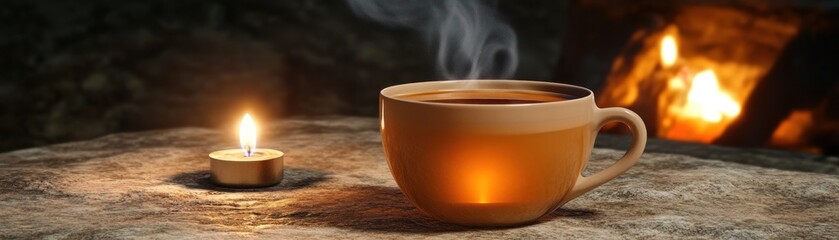 A warm cup of tea beside a flickering candle, creating a cozy atmosphere.