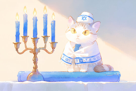 Cute and funny cat with Torah scroll and burning candles for celebrating Hanukkah on light background. Jewish holidays, Yom Kippur, Rosh Hashanah, Passover, Shavuot