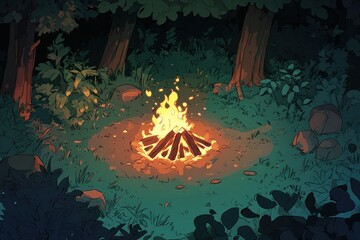 A cozy campfire surrounded by trees and foliage in a serene forest setting.