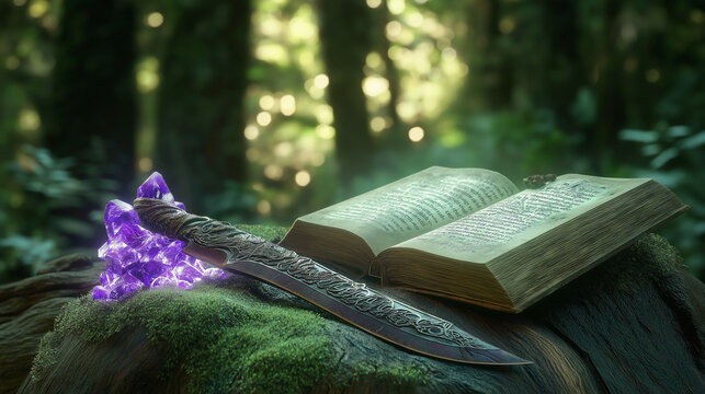 Ritual three-sided Phurba knife with amethyst druse and magic spell book on mossy tree stump