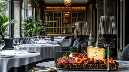 Fototapeta premium A luxurious dining setting featuring a cheese and charcuterie board with red wine.