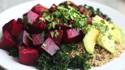 A vibrant salad featuring beets, quinoa, avocado, and kale, garnished with herbs.