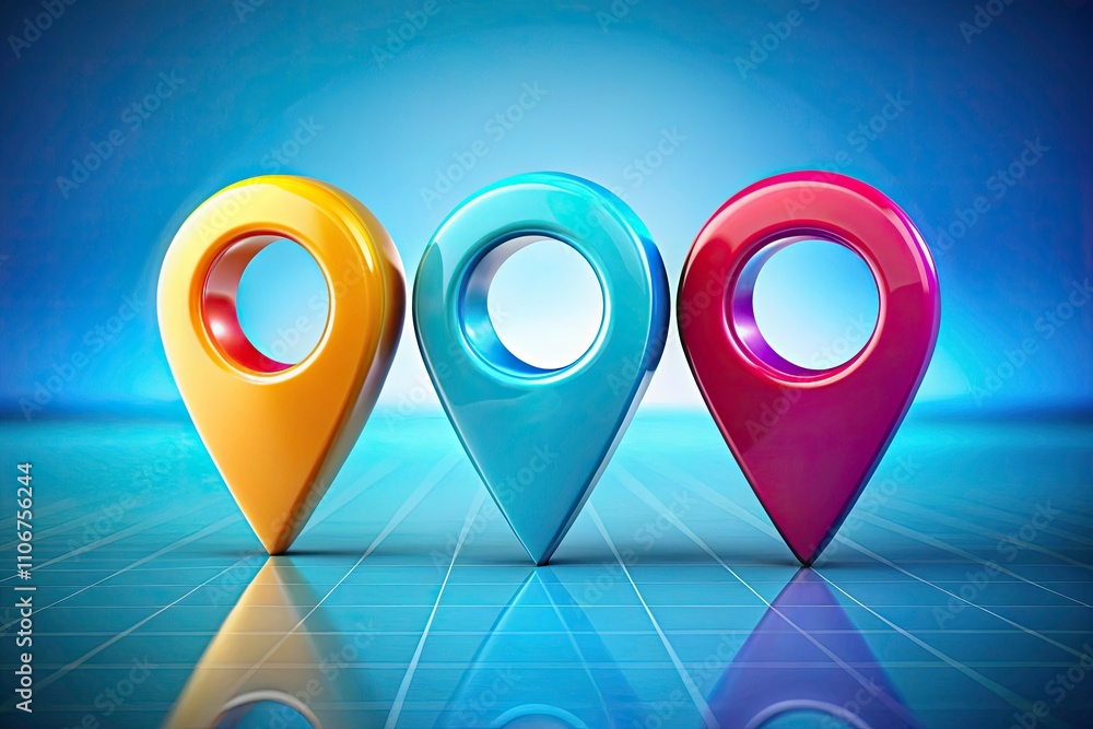 Poster 3d location map pins in blue over panoramic background - ideal for travel and navigation themes