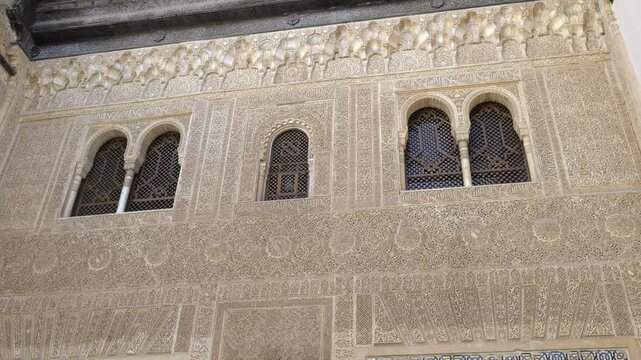 Carved wall at the Mexuar Palace Golden Room Courtyard, The Alhambra, Granada, Andalusia, Spain