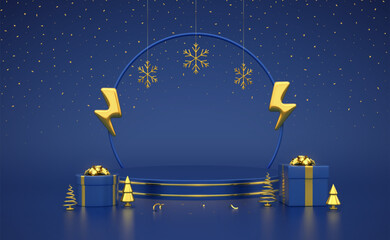 Fototapeta premium Christmas sale banner. Blue Stage podium with gold lightning bolt and snowflakes. Gift boxes with golden bow, metallic fir or pine trees. New Year Discount shopping. Flash sale. Vector illustration.