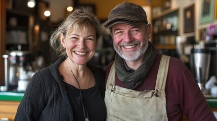 A smiling couple, the woman with blonde hair and the man with a beard and wearing a cap, stand in front of a counter in a cafe.