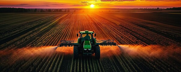 A powerful tractor plowing a field at sunset, creating a serene and productive agricultural landscape bathed in golden light.