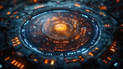 Obraz premium A futuristic circular interface with glowing elements and intricate details.