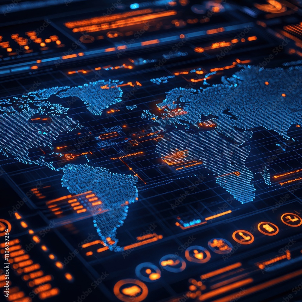 Poster a digital world map displayed in blue and orange tones, featuring data points and analytics for a hi