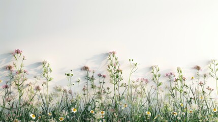 Fototapeta premium Shades of flowers and grass on a white wall. Neutral abstract nature background. Text space available.