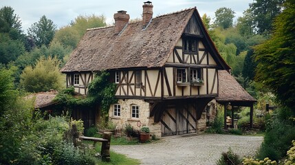 Obraz premium Old English barn-style home with sloping roof and timber beams