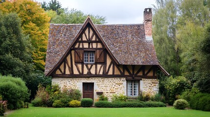 Fototapeta premium Old English barn-style home with sloping roof and timber beams