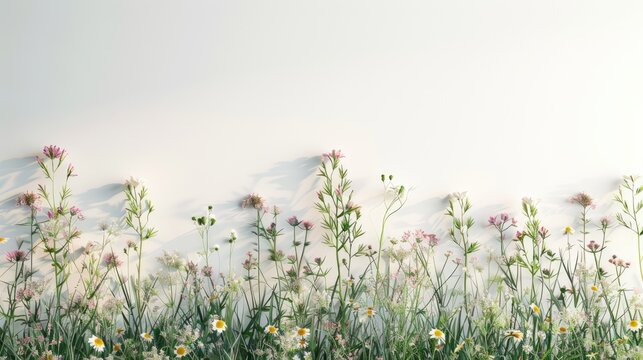 Shades of flowers and grass on a white wall. Neutral abstract nature background. Text space available.